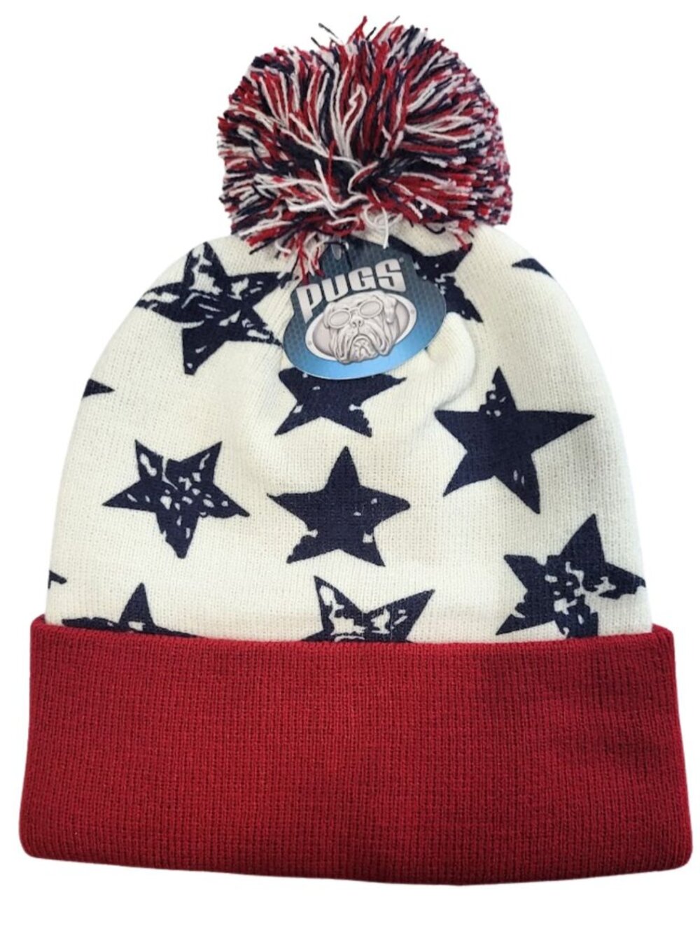 PUGS NWT White Red & Blue Stars Patriotic Beanie Hat - Unisex OS